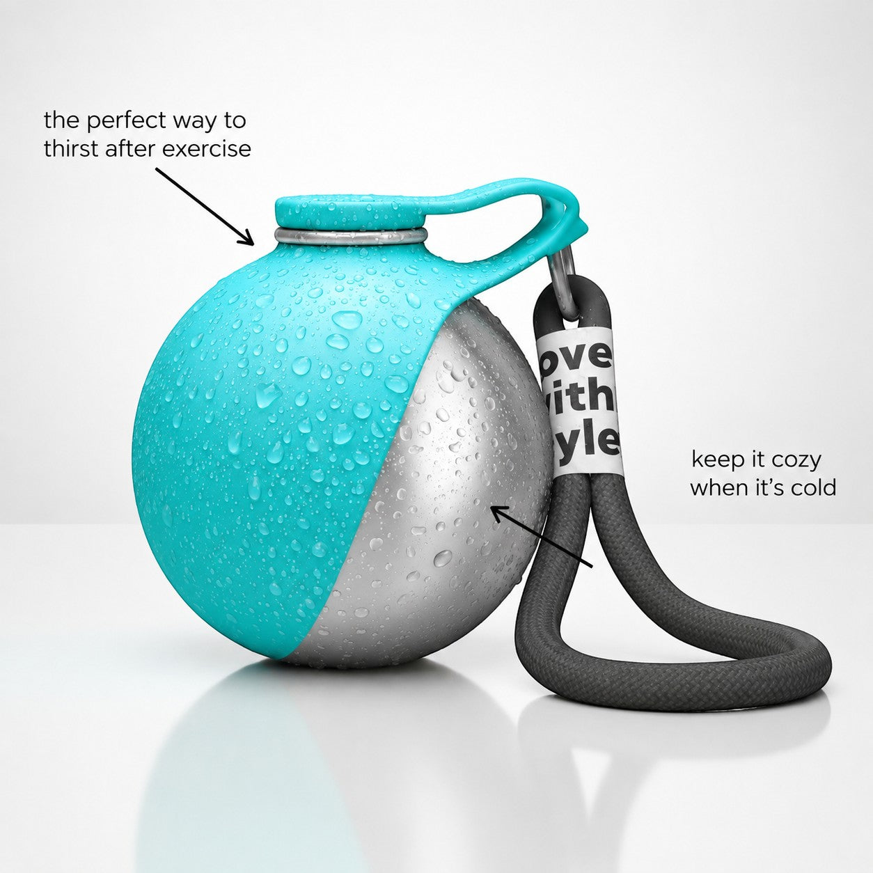 Botella de agua de acero inoxidable DELONEA HydroPup con cuenco de silicona turquesa y correa de transporte negra.