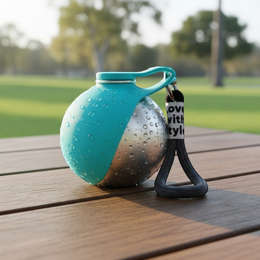 Botella de agua de viaje para perros DELONEA de acero inoxidable con cuenco de silicona turquesa y correa de transporte