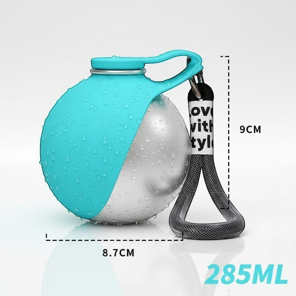 Botella de agua portátil DELONEA HydroPup de acero inoxidable con cuenco de silicona azul y correa de transporte.