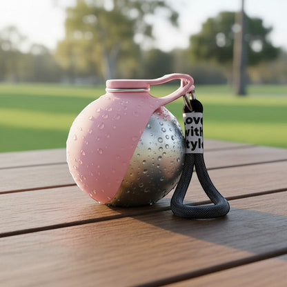 Botella de agua de viaje DELONEA HydroPup de acero inoxidable con cuenco de silicona rosa en una mesa de madera