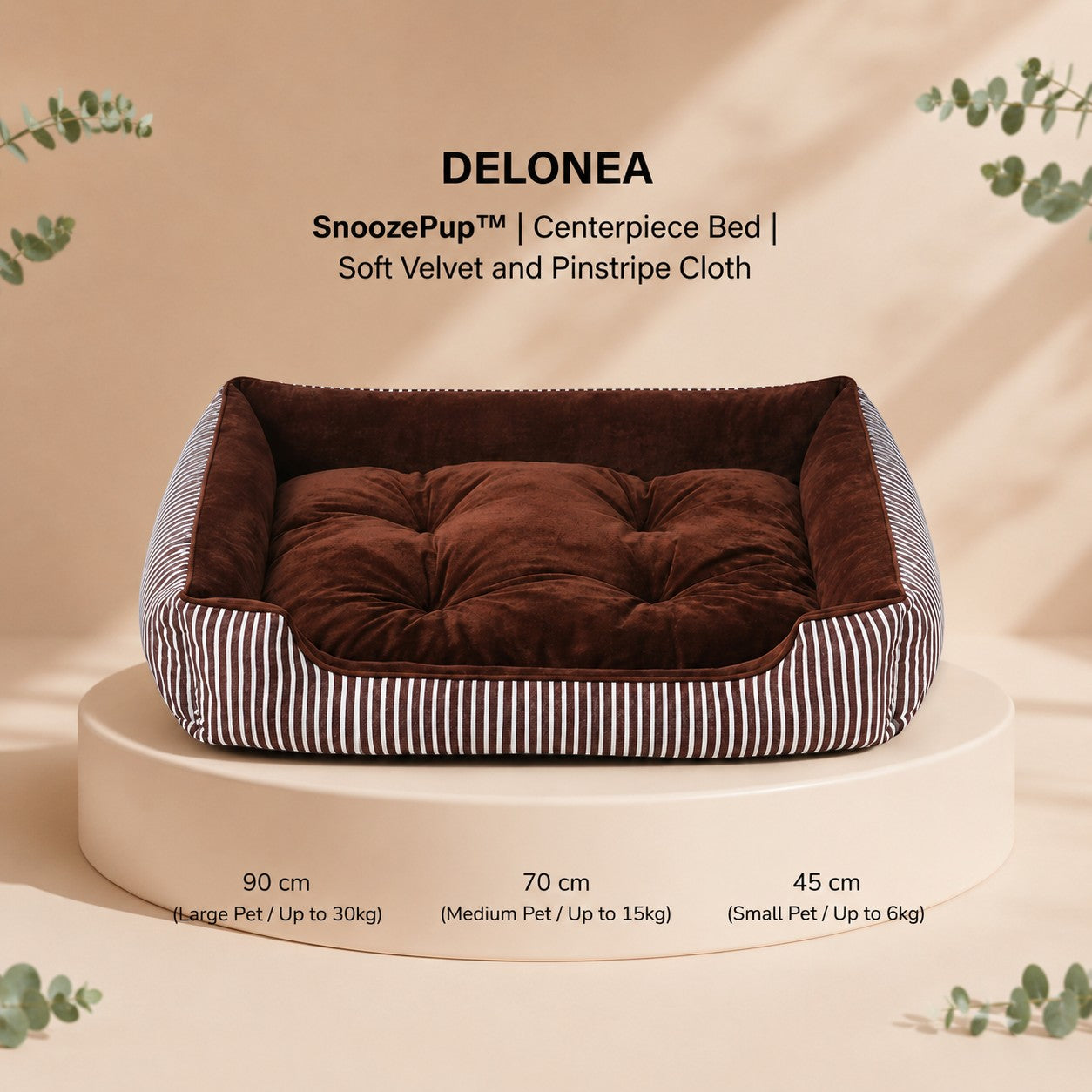 Cama para mascotas DELONEA SnoozePup de terciopelo marrón y tela a rayas, diseño cómodo tipo nido para perros y gatos.