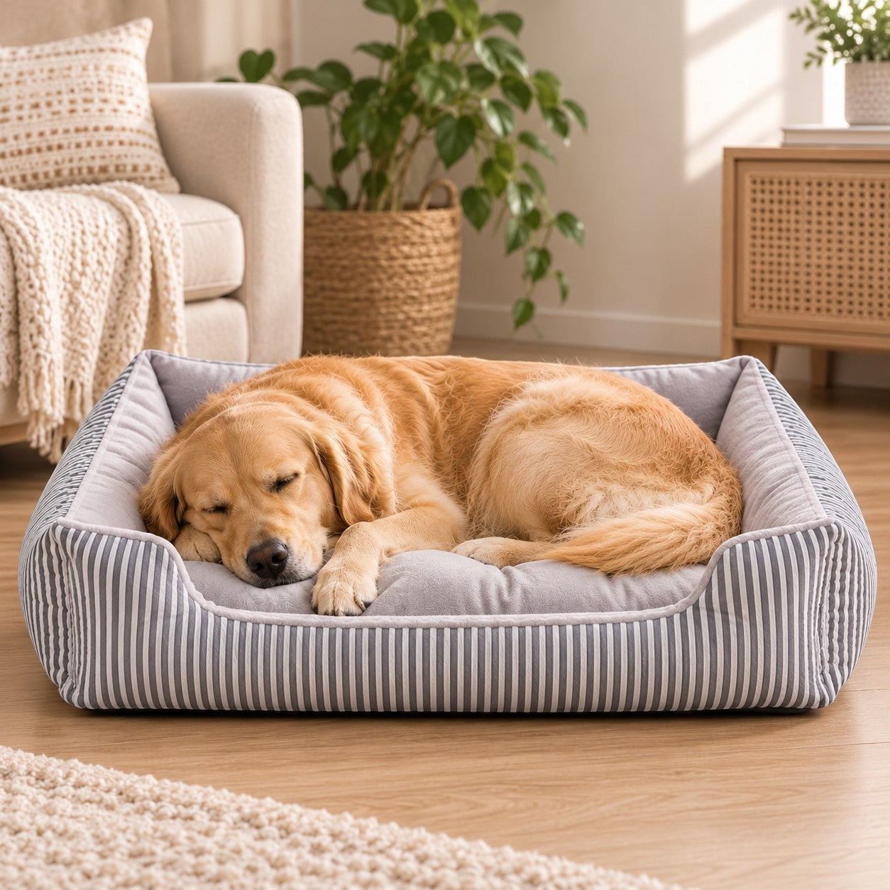 Perro golden retriever durmiendo plácidamente en una cama nido DELONEA SnoozePup de tela gris con rayas blancas