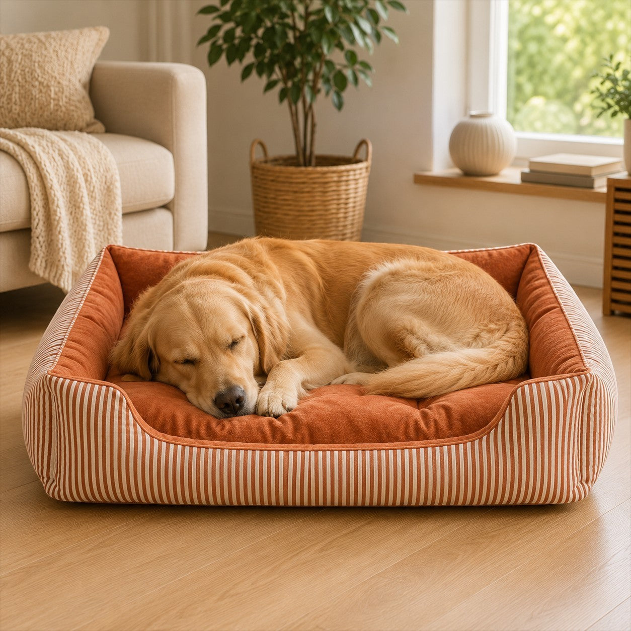 Perro golden retriever durmiendo plácidamente en una cama nido DELONEA SnoozePup de tela naranja a rayas en el salón.