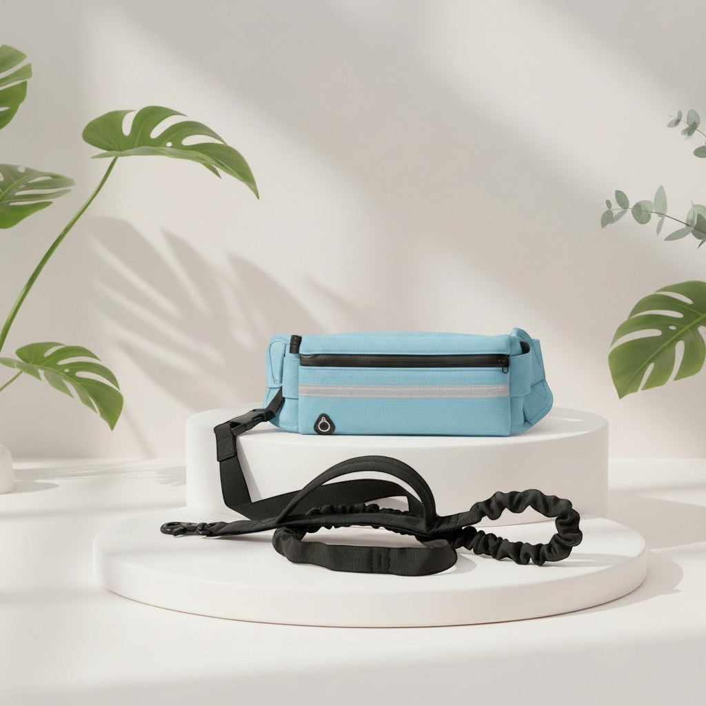 Cinturón de paseo DELONEA azul con correa elástica para perro, bolsillo para móvil y detalles reflectantes.