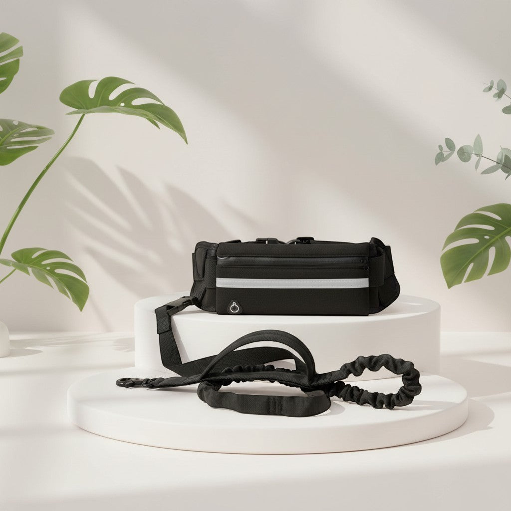 Cinturón de paseo para perros DELONEA con correa elástica negra, bolsillo para móvil y detalles reflectantes.