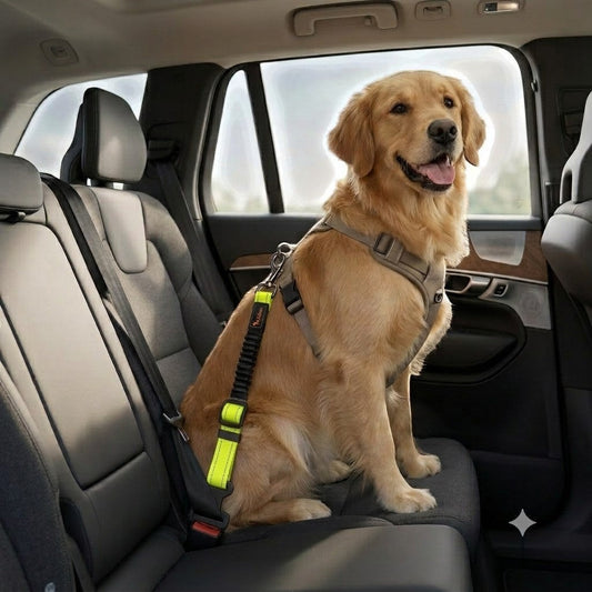 Cinturón de seguridad elástico para perros DELONEA de nailon con detalles reflectantes en el asiento trasero del coche