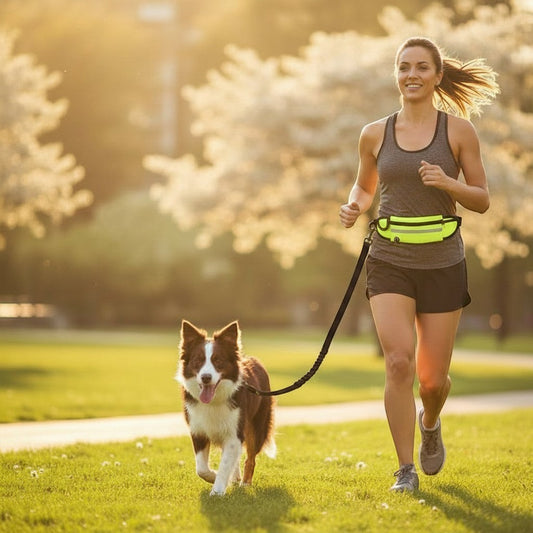 Mujer corriendo en un parque con su perro usando una correa manos libres DELONEA de neopreno con bolsillo y reflectante