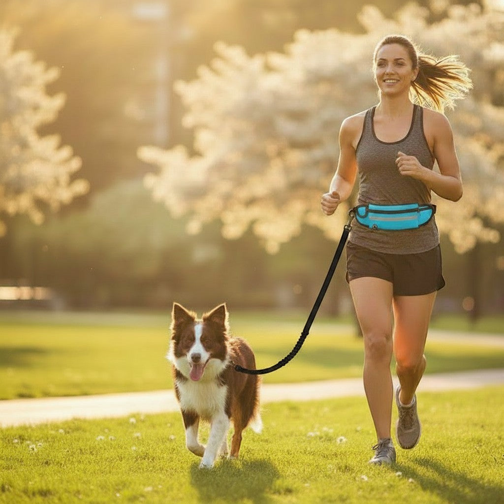 Mujer corriendo en un parque con su perro usando una correa manos libres DELONEA azul con cinturón ajustable