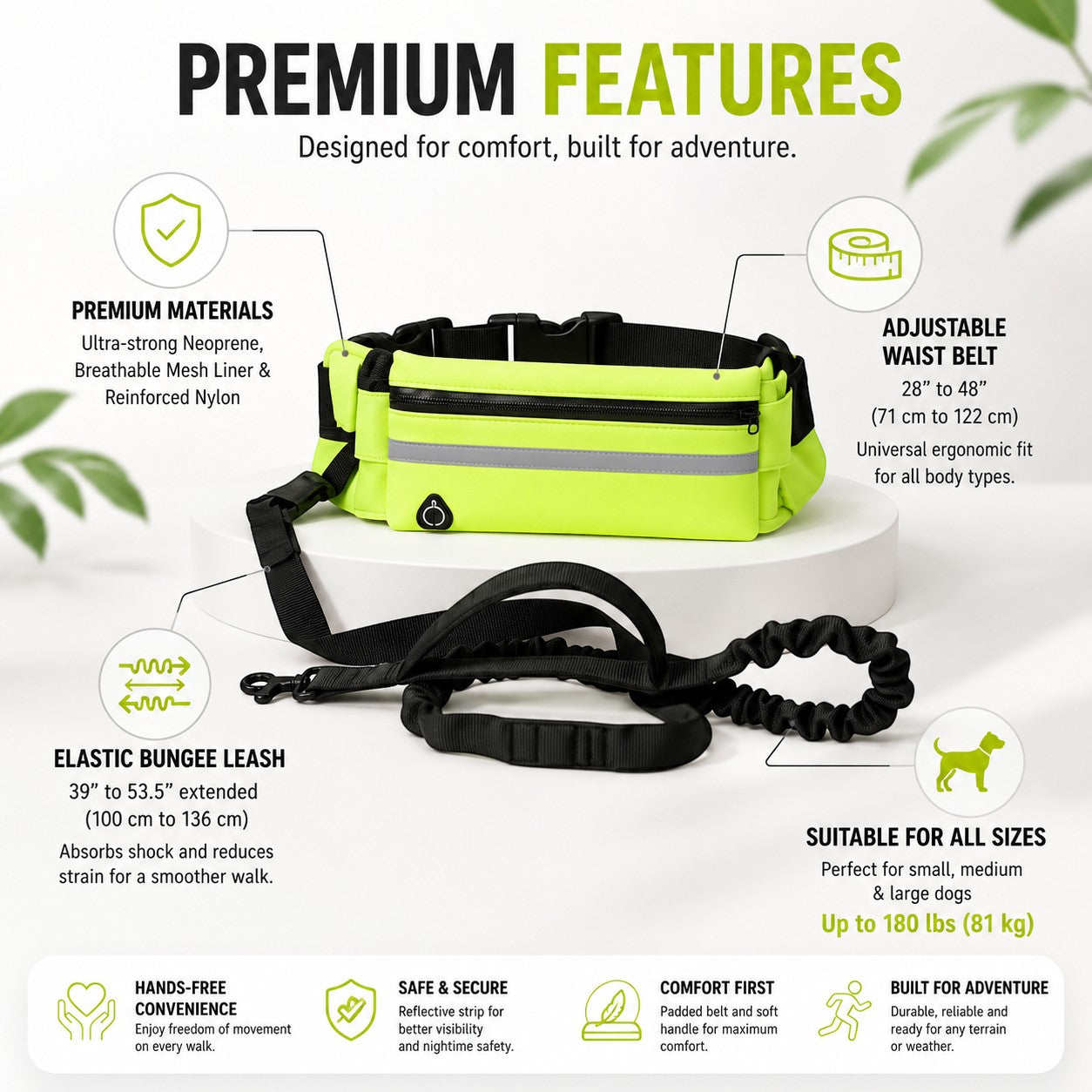 Sistema de correa manos libres DELONEA RunPup con cinturón de neopreno ajustable, correa elástica y detalles reflectantes