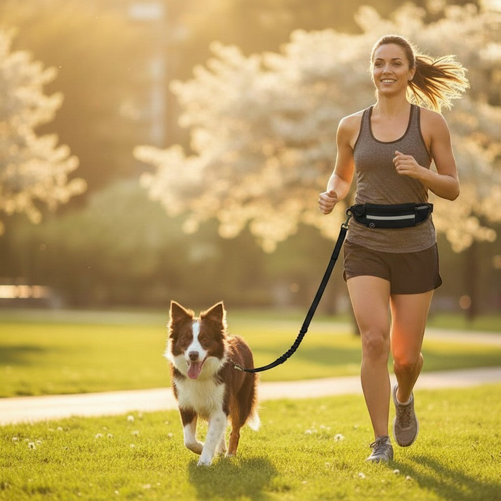 Mujer corriendo en un parque con su perro usando la correa manos libres DELONEA con cinturón ajustable y reflectante.