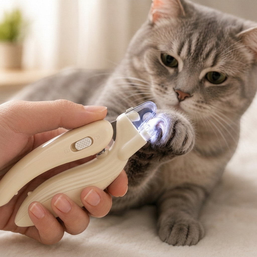 Cortauñas para mascotas DELONEA con luz LED integrada, mango ergonómico antideslizante y cuchillas de acero inoxidable.