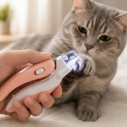 Cortauñas para mascotas DELONEA con luz LED integrada, mango ergonómico rosa y cuchillas de acero inoxidable para gatos.