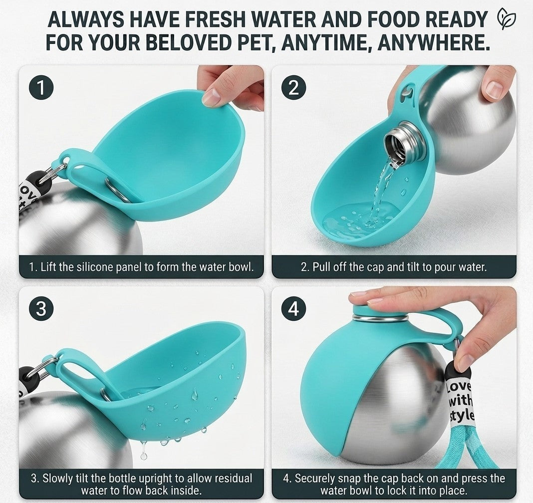 Infografía de DELONEA HydroPup que muestra cómo usar la botella de agua de acero inoxidable con cuenco de silicona.