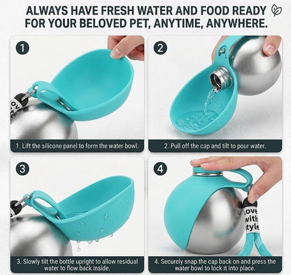 Infografía de DELONEA HydroPup que muestra cómo usar la botella de agua de acero inoxidable con cuenco de silicona.