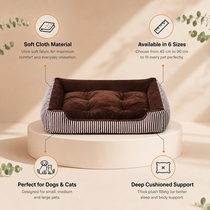 Cama para mascotas DELONEA SnoozePup de tela suave marrón con rayas, ideal para perros y gatos con soporte acolchado.