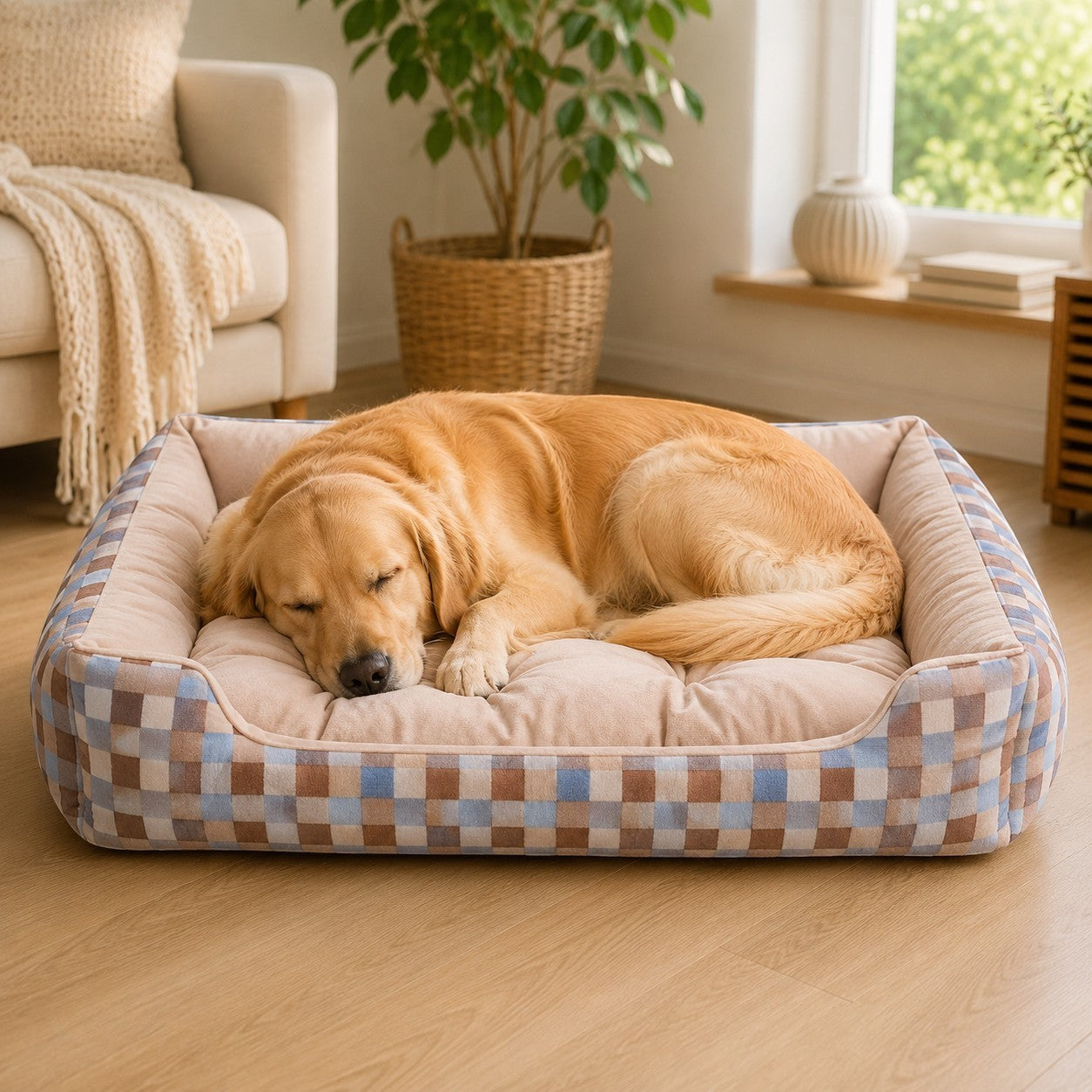Perro golden retriever durmiendo plácidamente en una cama nido DELONEA SnoozePup de tela suave con patrón de cuadros.