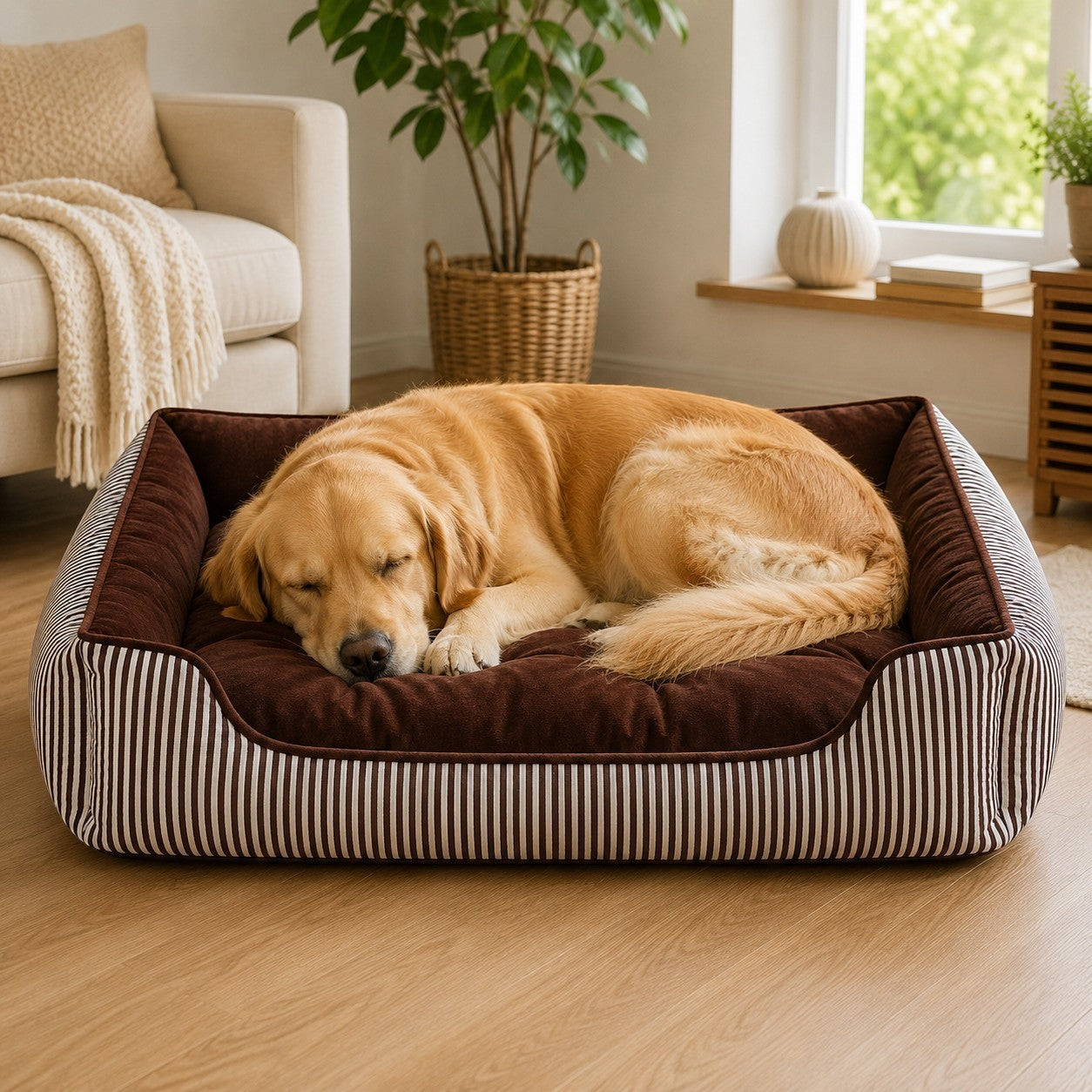 Perro golden retriever durmiendo en cama nido DELONEA SnoozePup de tela marrón con laterales a rayas en salón