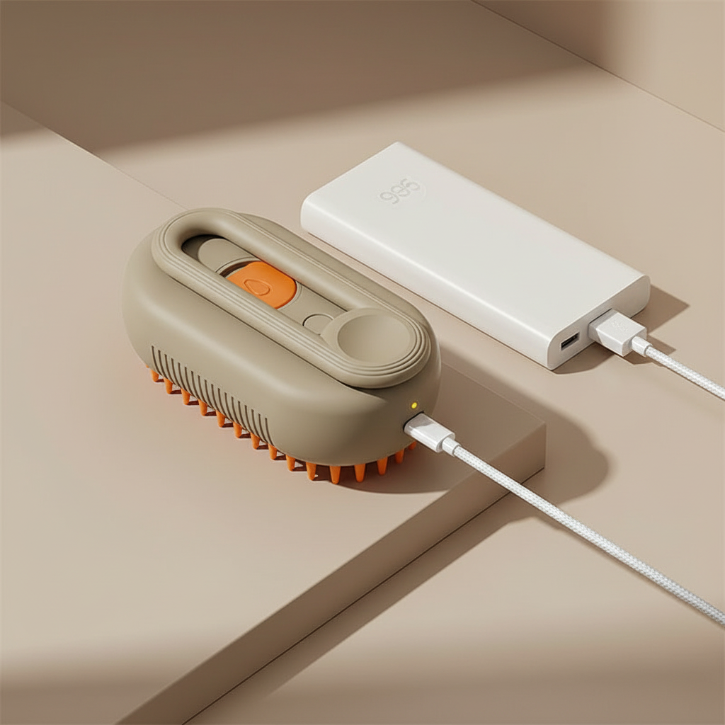 Cepillo de aseo DELONEA SteamPup 3 en 1 color beige con cerdas de silicona naranja cargándose vía USB